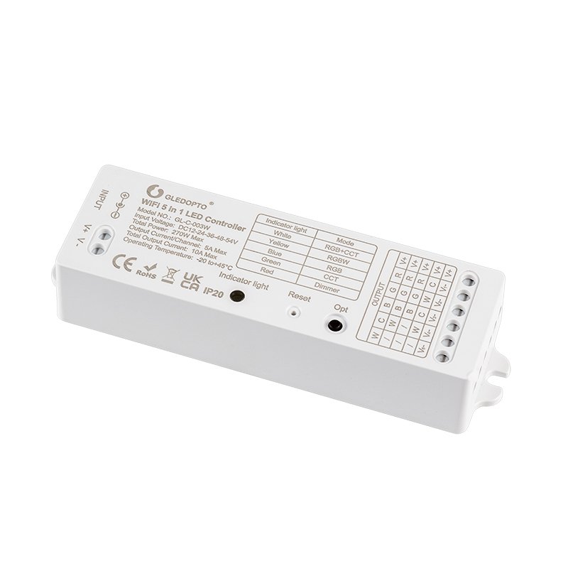5-in-1 LED RGB+CCT Strip Light Controller - Alexa / Google Assistant / Smartphone Compatible - Optional RF Remote - 5 Amps/Channel