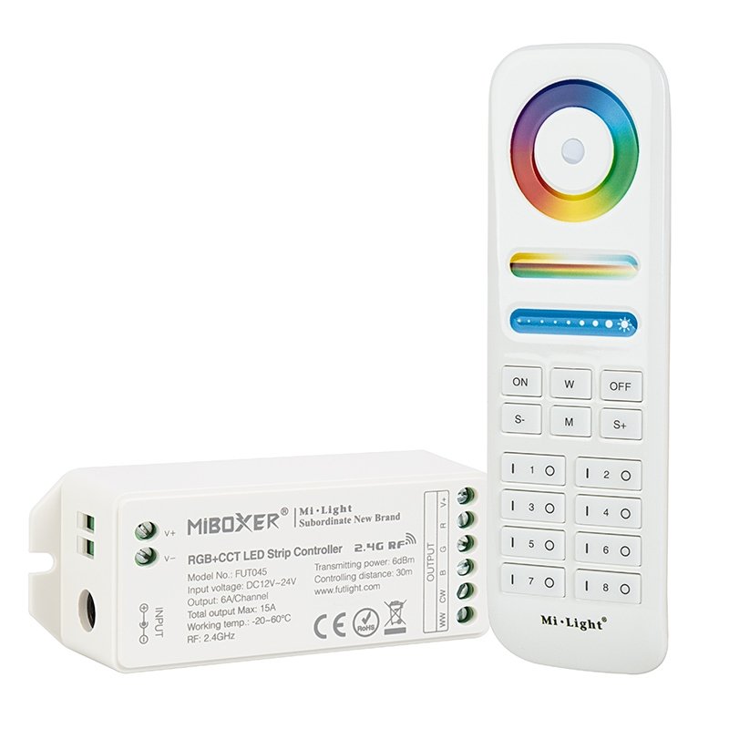 MiBoxer Color-Changing RGB+Tunable White LED Controller with RF Remote - Wi-Fi/Smartphone Compatible - 6 Amps/Channel - Controller and Remote
