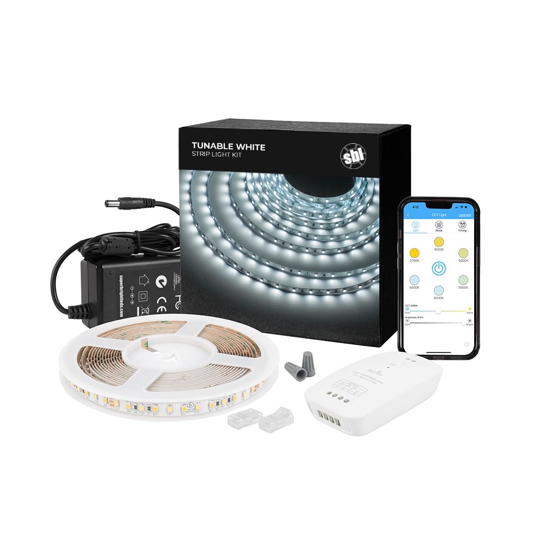 Tunable White LED Strip Light Kit - White LED Tape Light - 5m - Bluetooth Smartphone App Controlled - STN-H80-B12A-10C5M-24V-2-TW