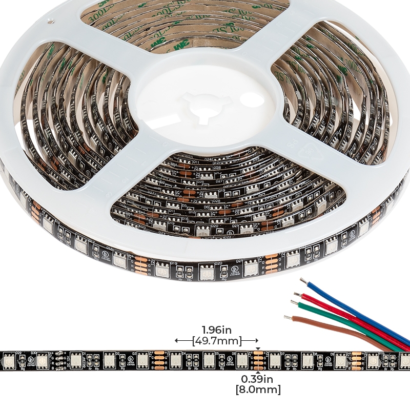 5m RGB LED Black PCB Strip Light - DynamicColor Series Tape Light - Dimmable - 12V - IP64