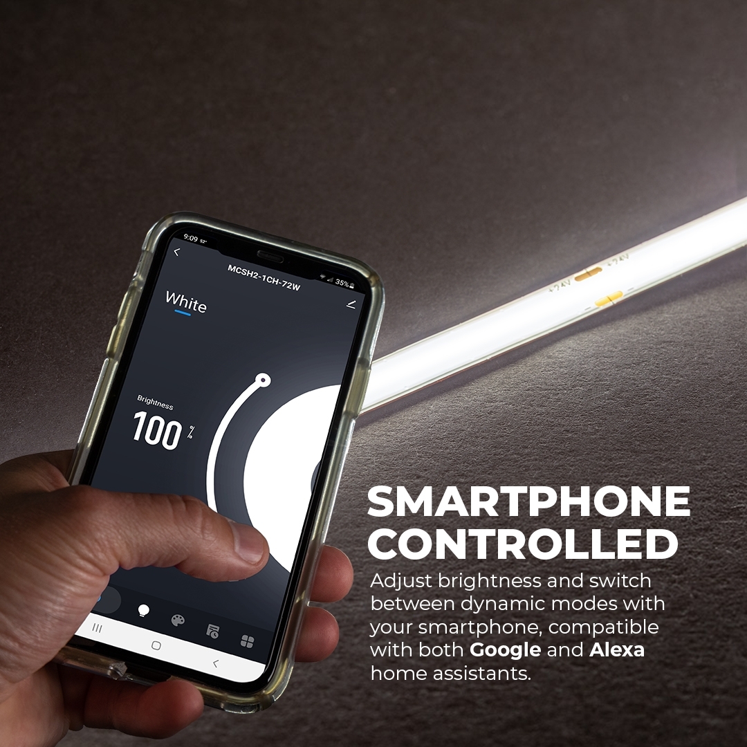 White LED COB Strip Light Kit - 5m Tape Light - 24V - Alexa / Google Assistant / Compatible Wi-Fi / Bluetooth Controller - 302 lm/ft - Click Image to Close