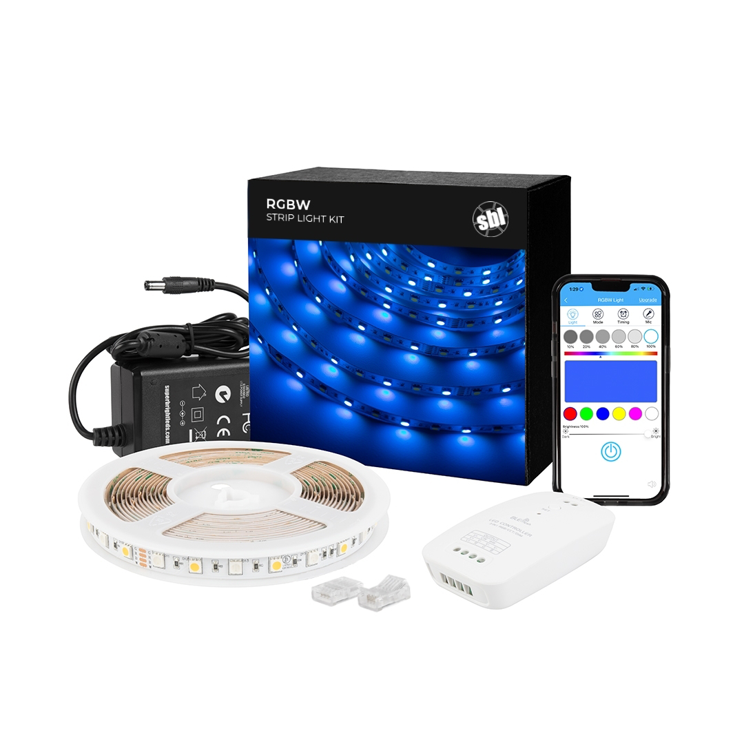RGBW LED Strip Kit - Color Changing + White LED Tape Light - 5m - Bluetooth Smartphone App Controlled - Click Image to Close