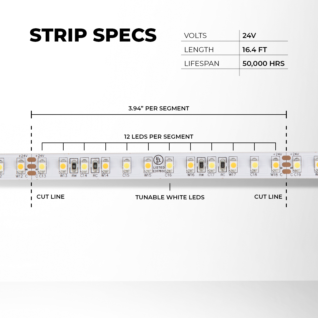 3528 Tunable White LED Strip Light/Tape Light - 24V - IP20 - 350 Lumens/ft - Click Image to Close