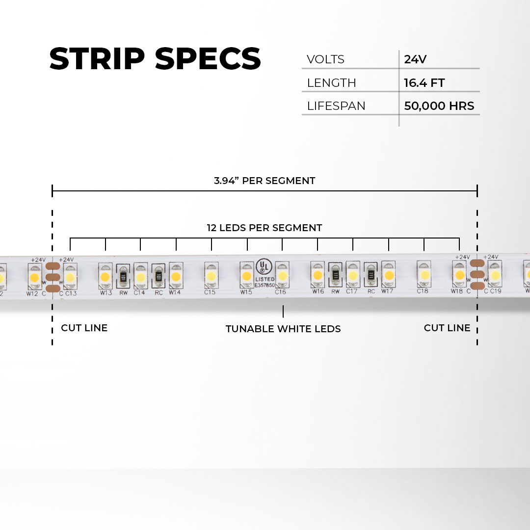 Tunable White LED Strip Light Kit - 5m White LED Tape Light - Wireless RF Remote - STN-H80-B12A-10C5M-24V-1-TW